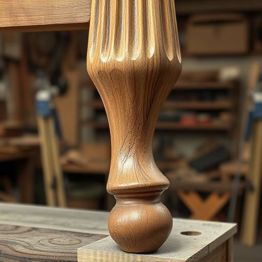 A craftsman carefully carving a wooden chair leg in a well-lit workshop.