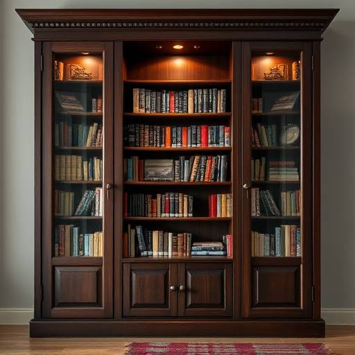 Custom bookshelf unit made of dark wood, with glass doors