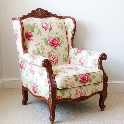 Custom made armchair with floral pattern and wood trim